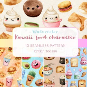 Cute food Seamless Pattern, Kawaii Food character, Repeat Pattern, Cartoon Digital Paper, Cute Food Seamless, watercolor seamless pattern