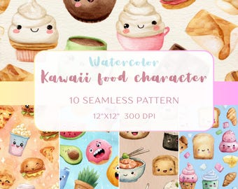 Może przedstawiać: Akwarelowe ilustracje różnych postaci jedzenia kawaii, w tym babeczek, makaroników i sushi. Obraz przedstawia bezszwowy wzór z różnymi uroczymi produktami spożywczymi. Tekst na obrazie brzmi "Watercolor Kawaii food character 10 seamless pattern 12"x12" 300 DPI."
