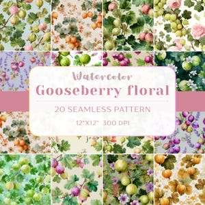 Gooseberry Floral Watercolor Seamless Pattern: Vintage Clipart (Digital File)