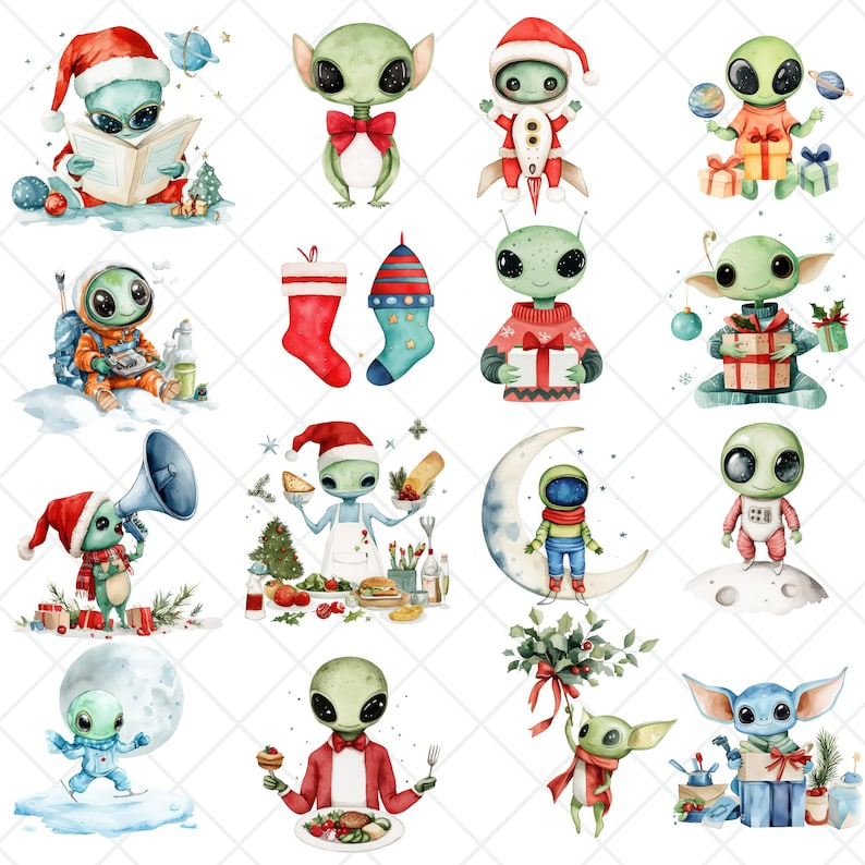 Christmas Alien Watercolor Clipart, Santa Hats, UFO PNG (digital ...