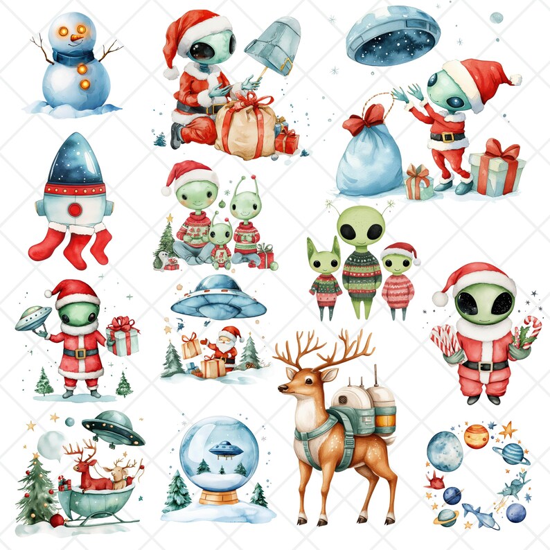 Christmas Alien Watercolor Clipart, Santa Hats, UFO PNG (digital ...