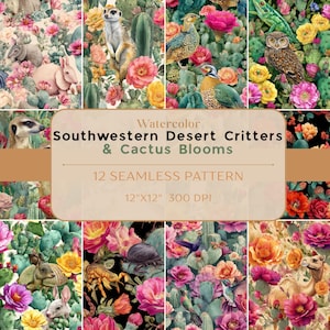 Aquarelle, bestioles du désert du sud-ouest et fleurs de cactus, motif transparent, fleur de cactus, animaux du désert, fleurs de cactus Sublimation, lumineux