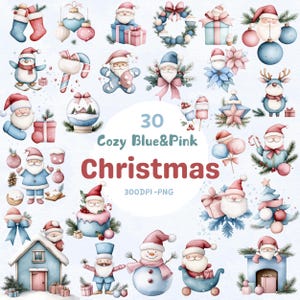 Könnte beinhalten: Eine Sammlung von 30 Aquarell-Weihnachtsillustrationen in Blau und Rosa. Das Bild zeigt den Weihnachtsmann, Ornamente, Geschenke, Schneemänner und andere festliche Elemente. Der Text lautet "Cozy Blue & Pink Christmas."