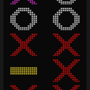 Pode incluir: Um ecr&atilde; preto exibe gr&aacute;ficos pixelizados de X, O e uma linha horizontal em v&aacute;rias cores. A palavra "DIY" &eacute; vis&iacute;vel no canto superior esquerdo.
