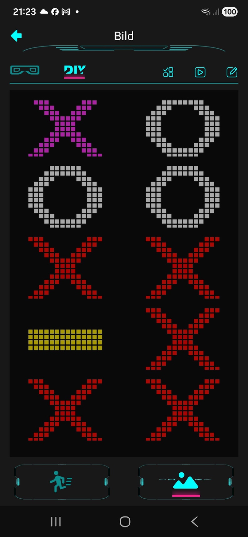 Pode incluir: Um ecr&atilde; preto exibe gr&aacute;ficos pixelizados de X, O e uma linha horizontal em v&aacute;rias cores. A palavra "DIY" &eacute; vis&iacute;vel no canto superior esquerdo.