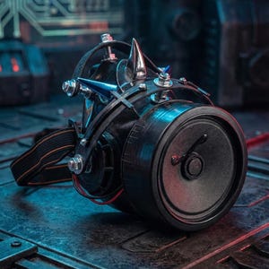 May include: A black, steampunk-inspired device with a speaker, metal spikes, and blue accents. The device has a strap and is constructed with various nuts and bolts. The background features a futuristic, industrial setting with blue and red lighting.