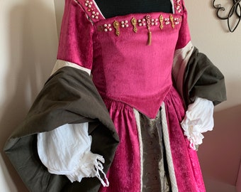 Pink Green Tudor Court mid 1500s princess Royalty Renaissance Faire Festival dress Skirt Corset Parr Anne Boleyn Queen costume 5 pc. outfit