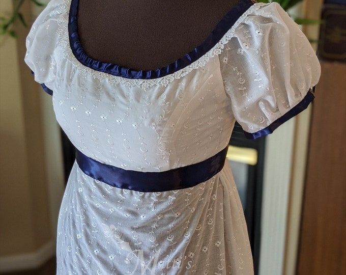 Blue White Elegant Eyelet Cotton Regency Jane Austen Day Dress - Etsy