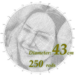 May include: A circular string art piece depicting a face, created with gray thread. The diameter is 43 cm (16.9 inches), and it's made with 250 rods. The artwork features a detailed representation of facial features.