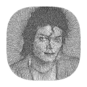 Puede incluir: Retrato en arte de hilo en blanco y negro de una persona con un borde cuadrado redondeado. El retrato se crea con hilo negro, formando los rasgos faciales y el cabello sobre un fondo blanco. La obra de arte es única y hecha a mano.