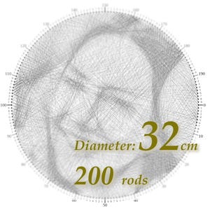 May include: A circular string art piece with a diameter of 12.6 inches, made with 200 rods. The design features a complex pattern of gray threads against a white background. The text "Diameter: 32 cm" and "200 rods" are visible.