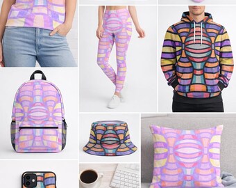 May include: A collection of items with a colorful, abstract design. The items include a t-shirt, tote bag, socks, leggings, a hoodie, a backpack, a bucket hat, a pillow, a phone case, a notebook, and a duffel bag. The design features a mix of purple, yellow, and orange.