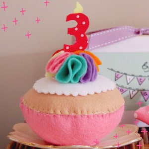 Handmade Rainbow Felt Birthday Cupcake featuring celebration age in felt candles - children, toddler, birthday