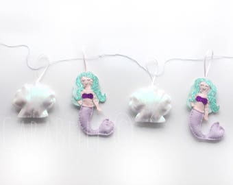 Mermaid sea shell garland, handmade, Mint green + lilac mermaids with glitter hair & pearly shells. Banner, nursery decoration, girls room
