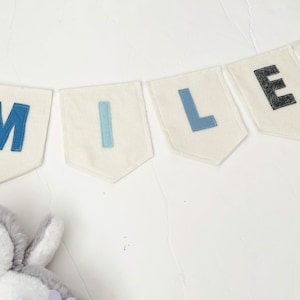Pendant flag garland, handmade. Cream and shades of blue. Kids Banner, nursery decoration, baby bedroom decor, newborn gift, personalised