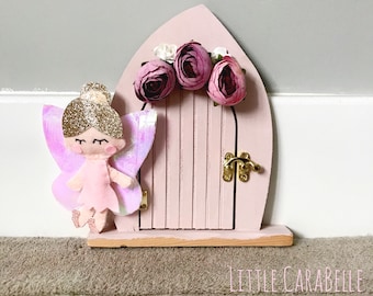Fairy door with pink flower crown and mini felt fairy. Perfect for a childs room decor, fairy pretend play, fairy garden, fairy entrance