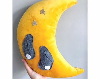 Moon cushion pillow. Velvet cushion with hand stitched star gazing rabbits Perfect to brighten up any room. Kids room, nursery, newborn gift