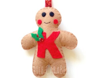 Gingerbread Man Felt Christmas Tree Decoration Handmade, Any Initial. Christmas tree hanging decor, children's Christmas dec personalised