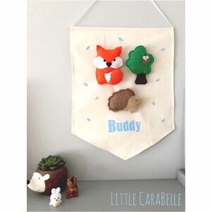 Woodland animal banner, wall art, pendant. Fox, hedgehog and woodland tree, countryside. Perfect for a Nursery, Baby, neutral room, unisex