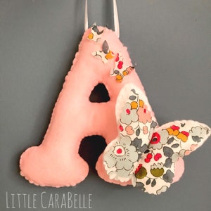 Liberty print butterfly initial, handmade. Felt hanging initial door sign. Perfect for a Nursery, New Baby Bedroom playroom. Butterfly theme