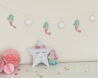 Mermaid and sea shell garland, handmade. Pastel green and pink mermaids with glittery hair & irridescent shells. Banner, nursery decoration