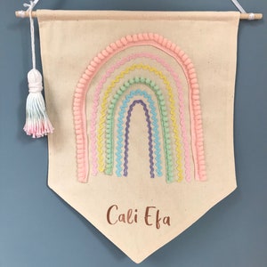 Rainbow ribbon personalised banner, wall art, pendant. Rainbow colours. Perfect for a Nursery, Baby, Bedroom childrens room, child decor