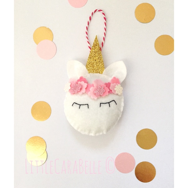 Christmas Unicorn face tree dec, handmade. Felt & glitter with glittery horn and flower crown. Personalised name,  christmas decor