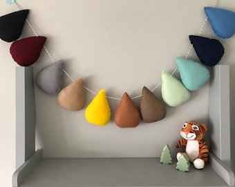 Raindrop droplet safari garland, wall art, hanging, Woodland neutral colours. Perfect for a Nursery, Playroom, Bedroom, childrens room