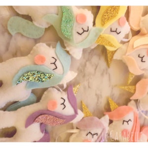 Rainbow Unicorn garland, handmade. Pastels with glittery horn and manes. Banner, nursery decoration, little girls bedroom, wall decor, art