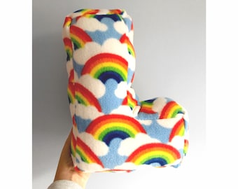 Rainbow initial letter cushion pillow. Personalised letter initial. Rainbow style with bright colours and clouds Nursery, girls boys room