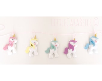 Rainbow Unicorn garland, handmade. Pastels with glittery horn and manes. Banner, nursery decoration, little girls bedroom, wall decor, art