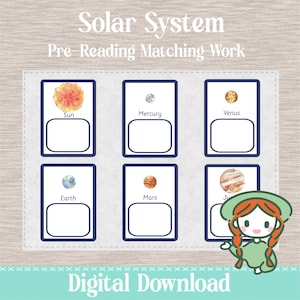 May include: Educational printable featuring the solar system. The image shows six cards with illustrations of the sun, Mercury, Venus, Earth, Mars, and Jupiter. Each card has a blank space for matching. Text at the top reads "Solar System" and "Pre-Reading Matching Work."