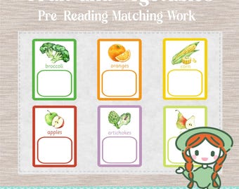 FRUITS & VEGETABLES Montessori Pre Reading Language Matching Cards