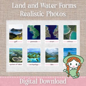 Puede incluir: Una descarga digital con fotos realistas de formas terrestres y acuáticas, incluyendo un golfo, península, estrecho, istmo, sistema de lagos, archipiélago y lago. El texto dice "Land and Water Forms Realistic Photos."