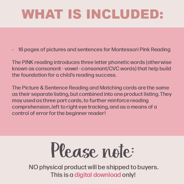 PINK READING CVC Montessori Picture Sentence Matching 3 Part Cards ...