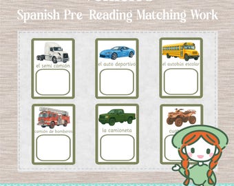 TRANSPORTATION Vehicles Montessori SPANISH Pre Reading Language Matching Cards Toddler Preschool