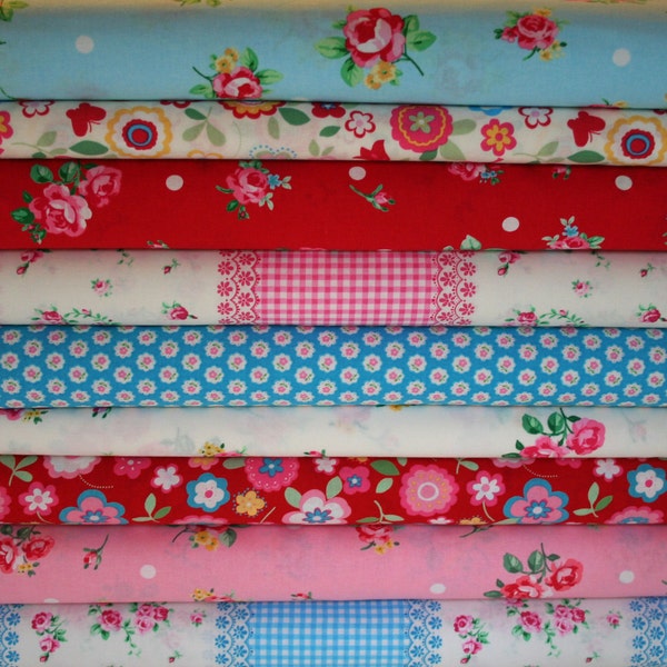 Japanese, Lecien FLOWER SUGAR 3 in Red, Aqua, and Pink, 7 Half Yard Bundle