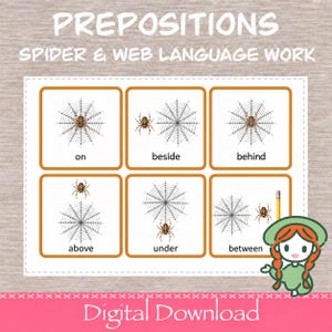 May include: A digital educational worksheet titled PREPOSITIONS SPIDER & WEB LANGUAGE WORK. It features six white squares with orange borders, each showing a brown spider and a black web illustrating the prepositions on, beside, behind, above, under, and between.