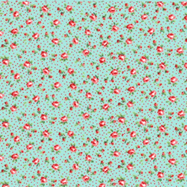 Annie's Farm Stand, Lakehouse, MINI ROSIE, Red and Aqua Roses with Polka Dots, 1/2 Yard