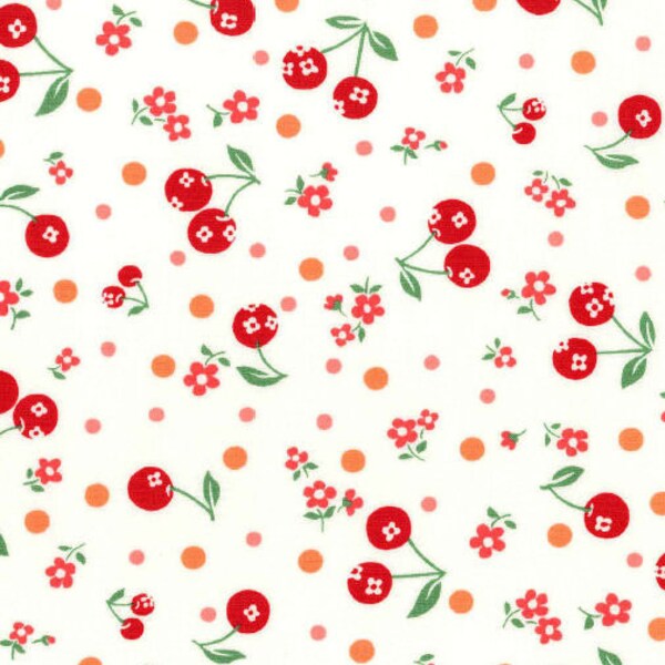 New, Japanese, ATSUKO MATSUYAMA, 30's Collection, Cherries and Flowers in Red on Ivory, 1/2 Yard