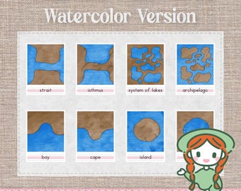 Può includere: Un download digitale con illustrazioni ad acquerello di forme terrestri e acquatiche, tra cui stretti, istmi e isole. Le immagini sono etichettate con i rispettivi nomi e presentate su uno sfondo strutturato. È incluso anche il testo "Digital Download".
