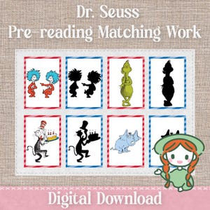 以下が含まれることがあります： ドクター・スースの読み聞かせマッチングワークプリントゲーム。ドクター・スースの絵本に登場するキャラクターが描かれたカラフルなカード8枚セット。カードには、シング1とシング2、グリンチ、帽子をかぶった猫などが描かれています。