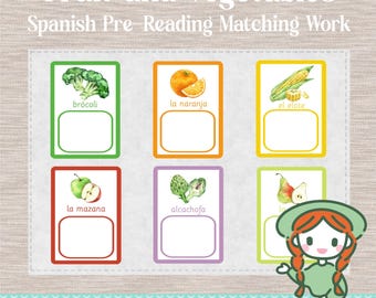 FRUITS and VEGETABLES Montessori SPANISH Pre Reading Language Matching Cards Toddler Preschool