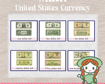 United States Currency MONEY 3 Part Cards Nomenclature Montessori Math Printable PDF