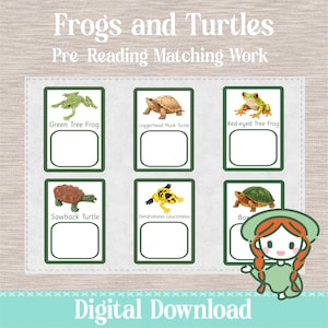 Puede incluir: Descarga digital educativa con seis tarjetas con ilustraciones de ranas y tortugas, incluyendo una rana arbórea verde y una tortuga almizclera. El texto "Frogs and Turtles" y "Pre-Reading Matching Work" se muestra en la parte superior. El texto "Digital Download" está en la parte inferior.