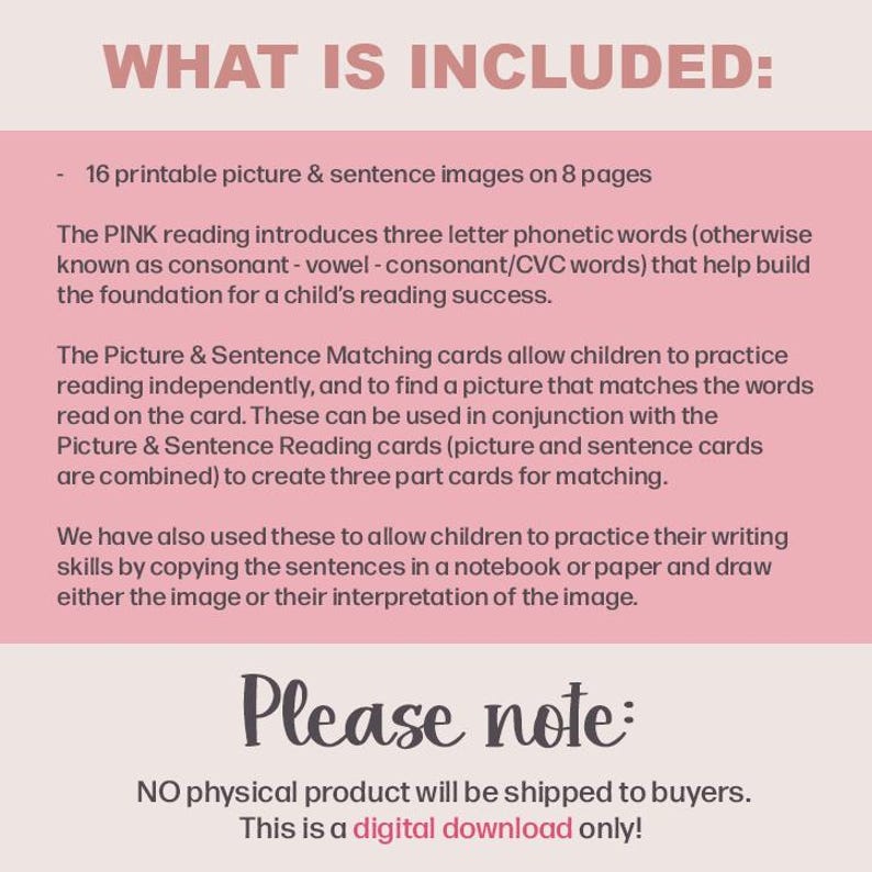 PINK READING CVC Montessori Picture Sentence Matching Cards Language - Etsy