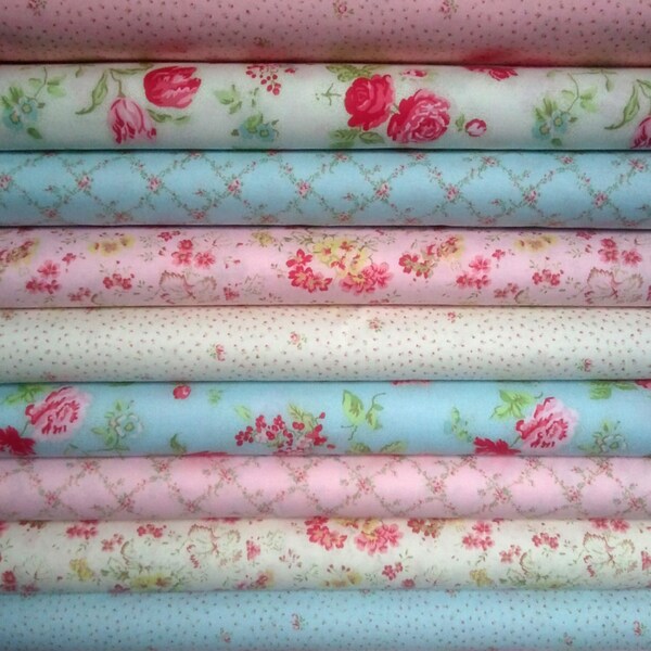 DURHAM ANEW, Japanese, Lecien, Vintage Floral in Aqua, Pink and Cream, Fat Quarter Bundle of 10