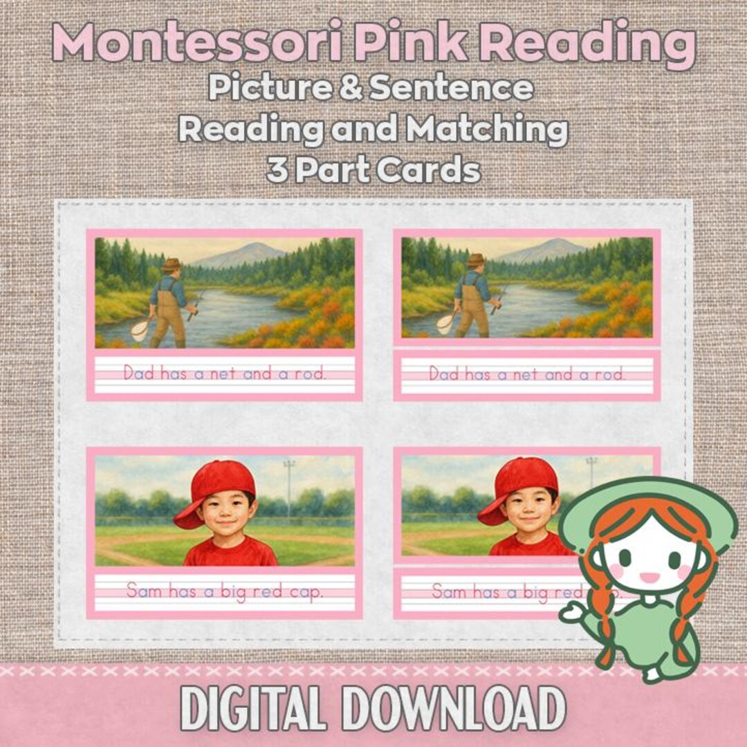 PINK READING CVC Montessori Picture Sentence Matching 3 Part Cards ...