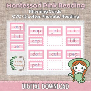 Tarjetas de rimas Montessori CVC de lectura rosa