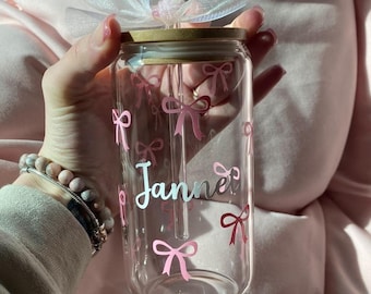 Coquette Bow Glass Tumbler 16oz with Bamboo Lid